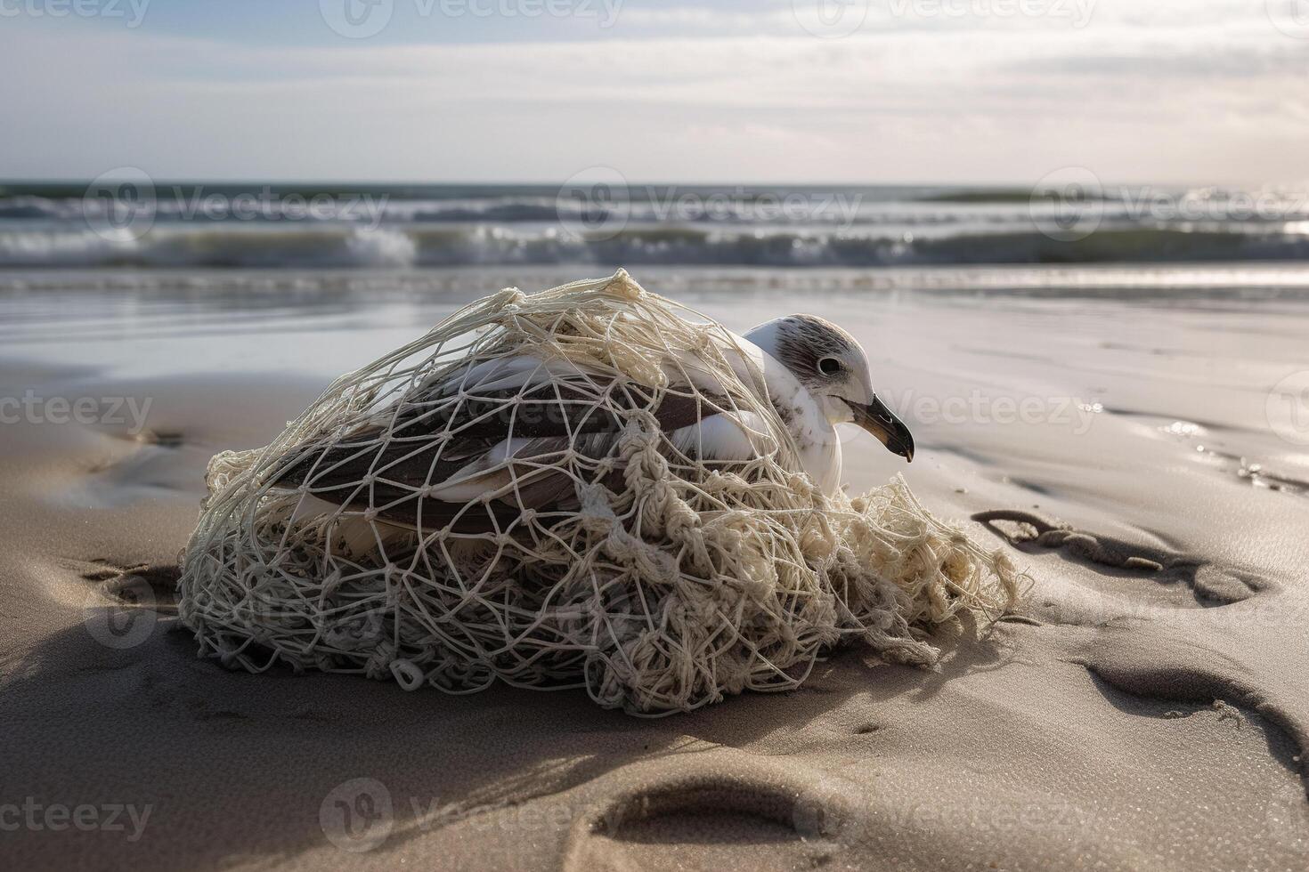 Bird, seagull trapped in plastic garbage lying on the beach. The concept of an ecological disaster caused by plastic garbage. photo