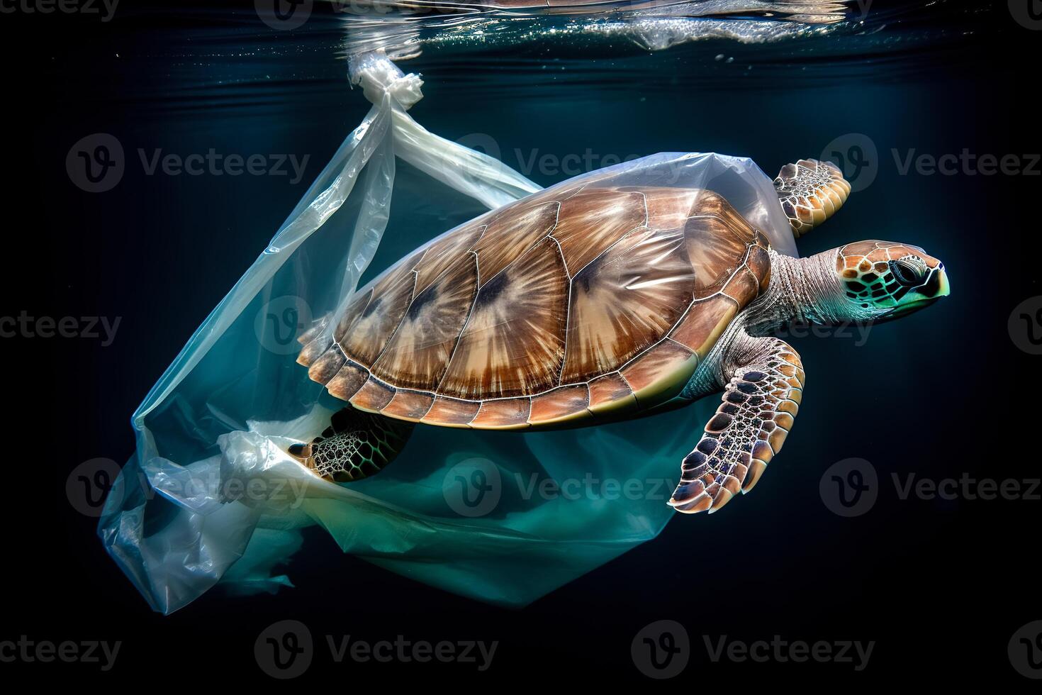 Turtle trapped in plastic garbage floating in the North Pacific, underwater photography. The concept of an ecological disaster caused by plastic garbage. photo