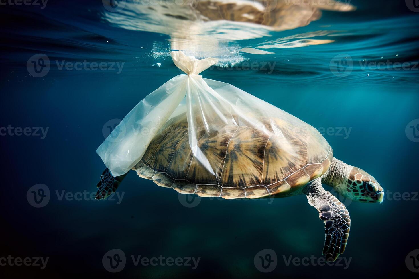 Turtle trapped in plastic garbage floating in the North Pacific, underwater photography. The concept of an ecological disaster caused by plastic garbage. photo