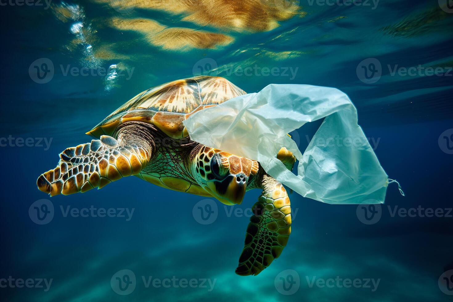 Turtle trapped in plastic garbage floating in the North Pacific, underwater photography. The concept of an ecological disaster caused by plastic garbage. photo
