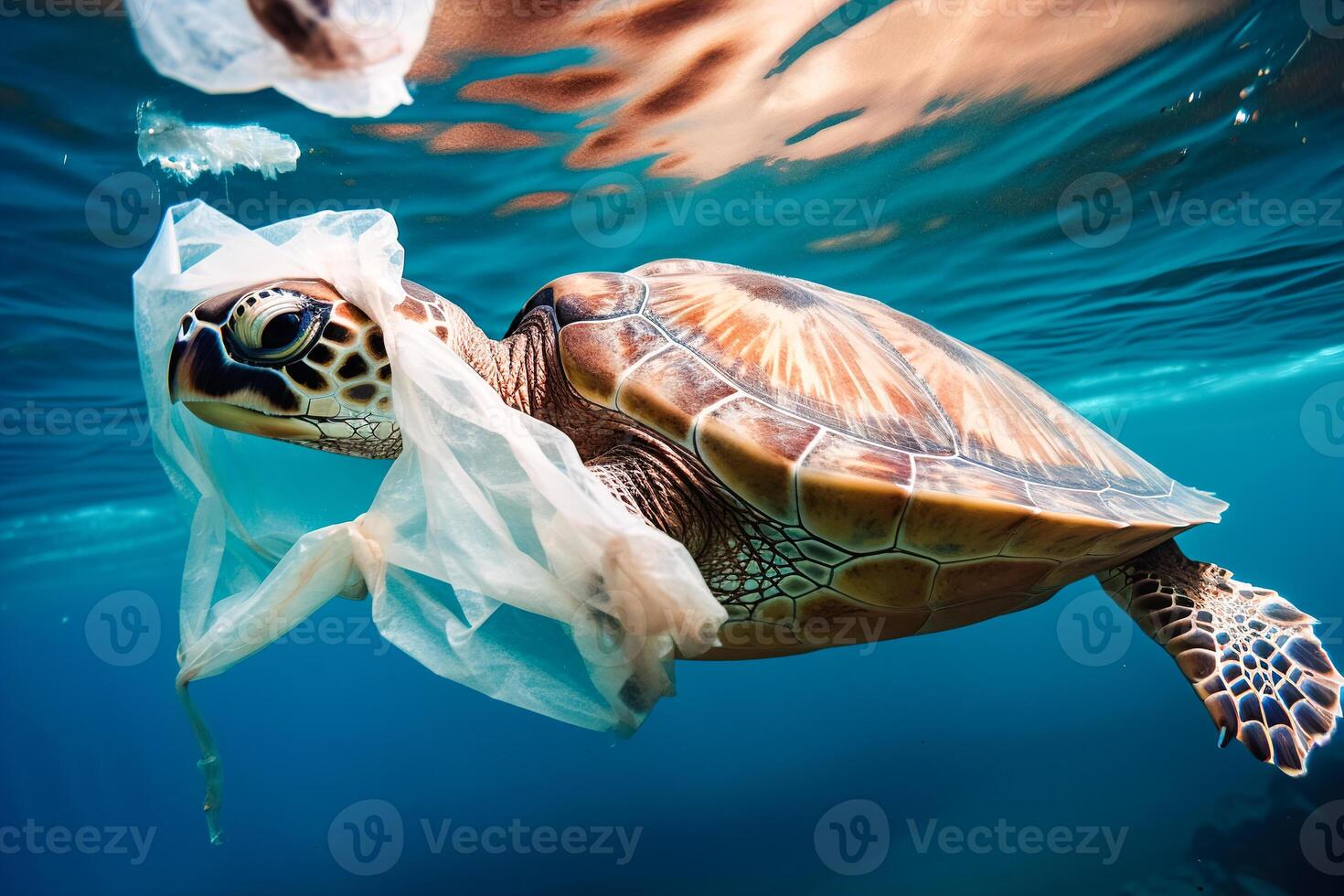 Tortuga atrapado en el plastico basura flotante en el norte Pacífico, submarino fotografía. el concepto de un ecológico desastre causado por el plastico basura. ai generado foto