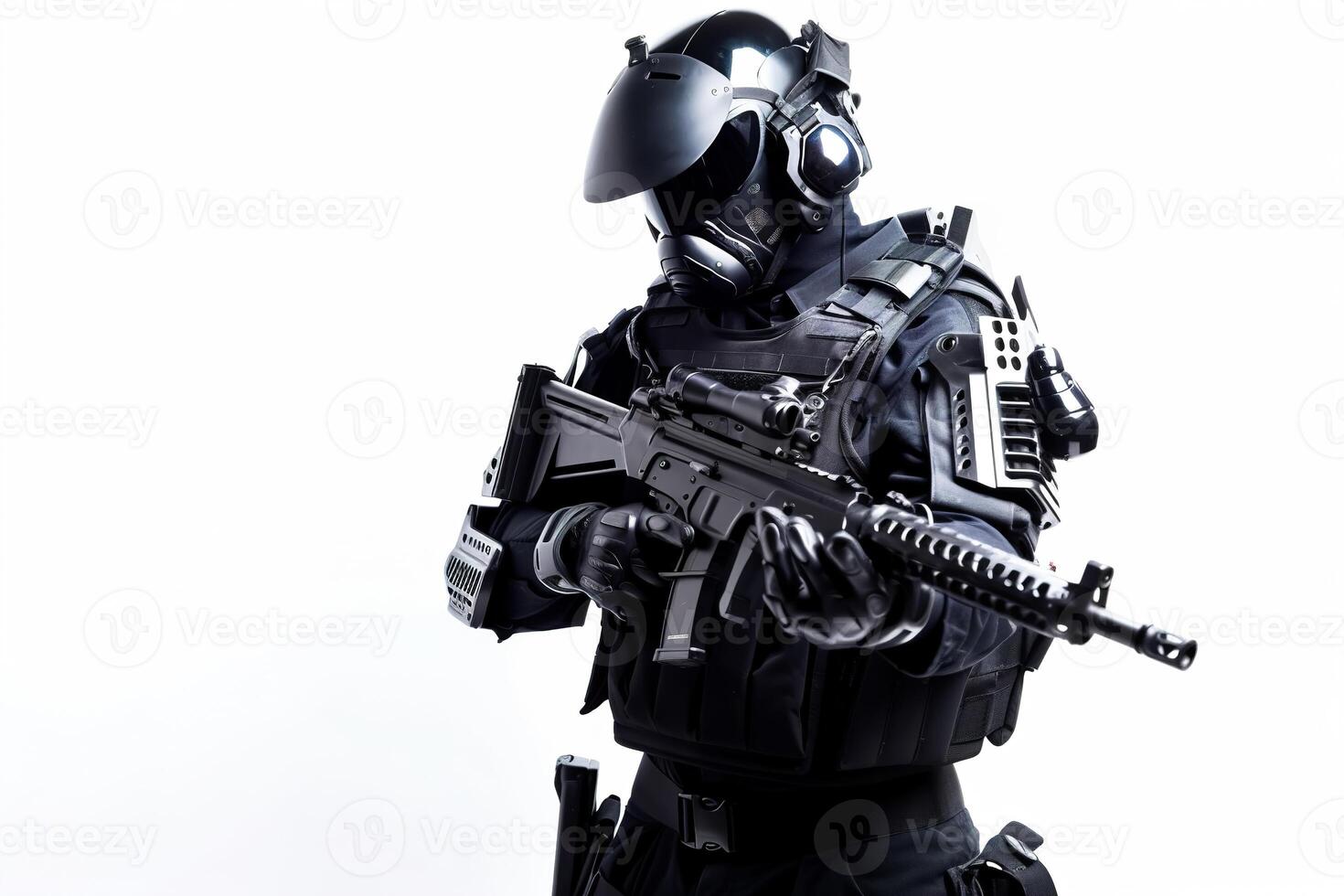 un prototipo de un moderno negro militar policía uniforme para especial unidades. el concepto de futurista militar soluciones muestra el futuro de armamento. ai generado foto