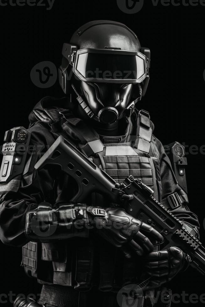 A prototype of a modern black military police uniform for special units. The concept of futuristic military solutions shows the future of armaments. photo