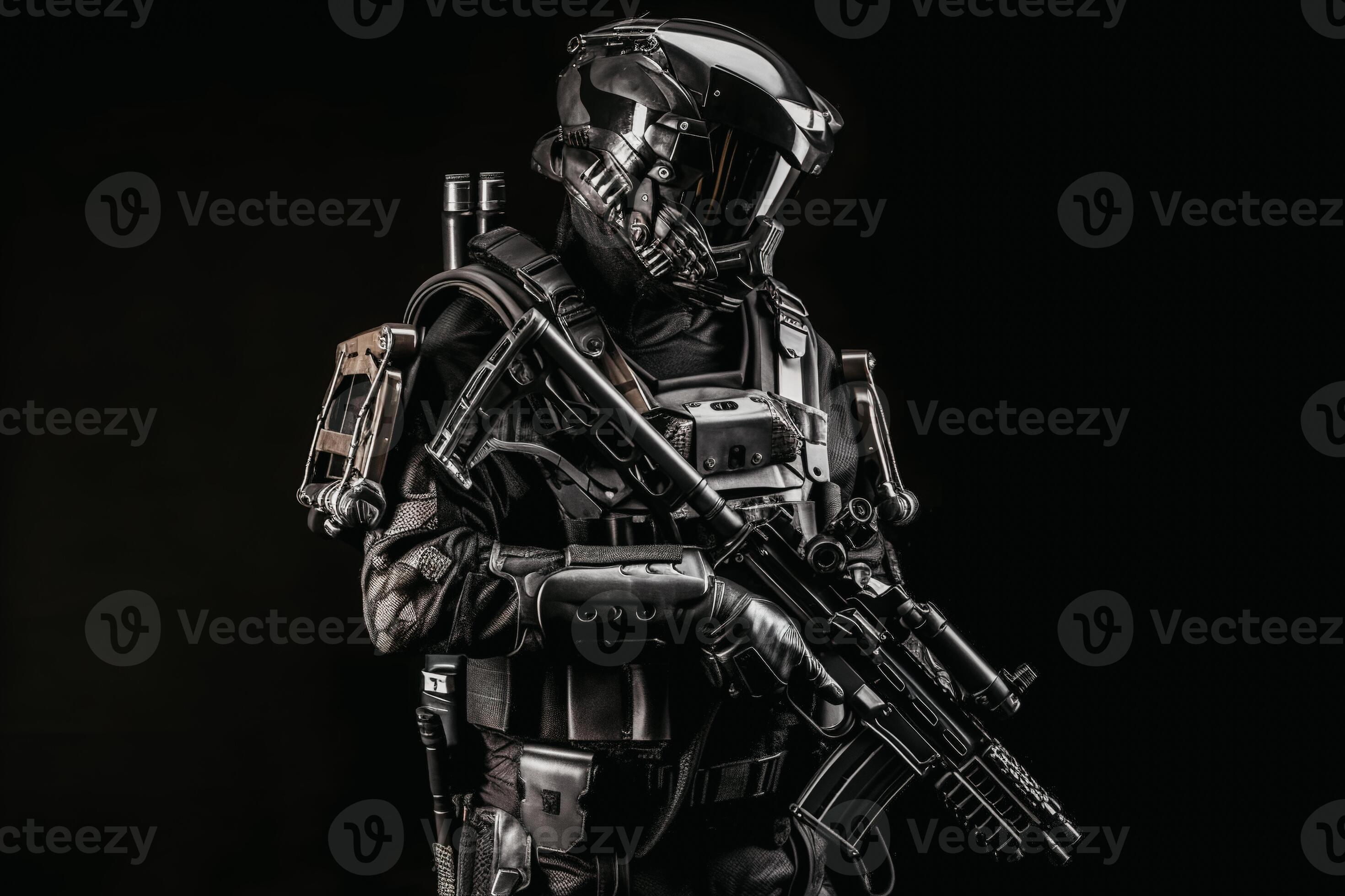 A prototype of a modern black military police uniform for special units.  The concept of futuristic military solutions shows the future of armaments.  AI Generated 21979609 Stock Photo at Vecteezy