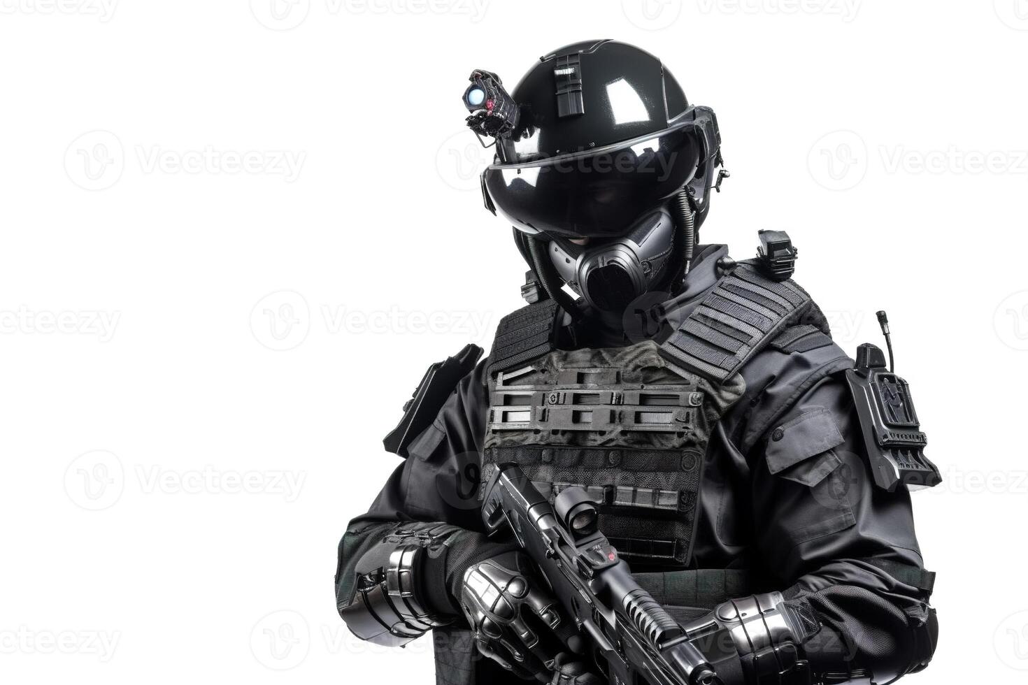 A prototype of a modern black military police uniform for special units. The concept of futuristic military solutions shows the future of armaments. photo