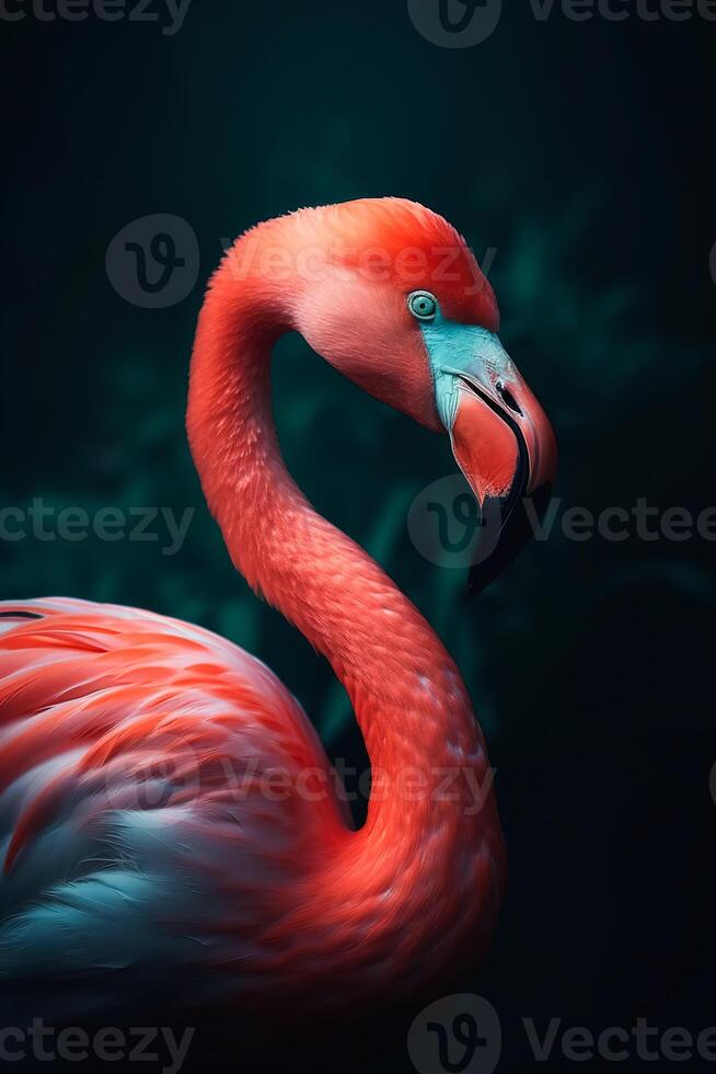 A beautiful exotic bird, a long-necked pink flamingo standing proudly in the water against a dark background with a leaf pattern. photo