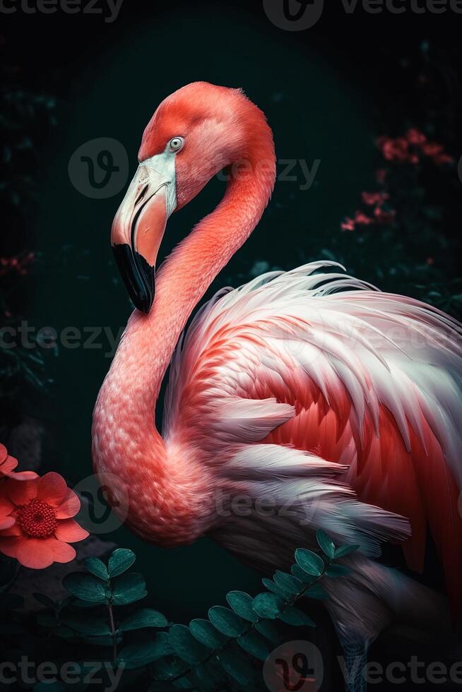 A beautiful exotic bird, a long-necked pink flamingo standing proudly in the water against a dark background with a leaf pattern. photo