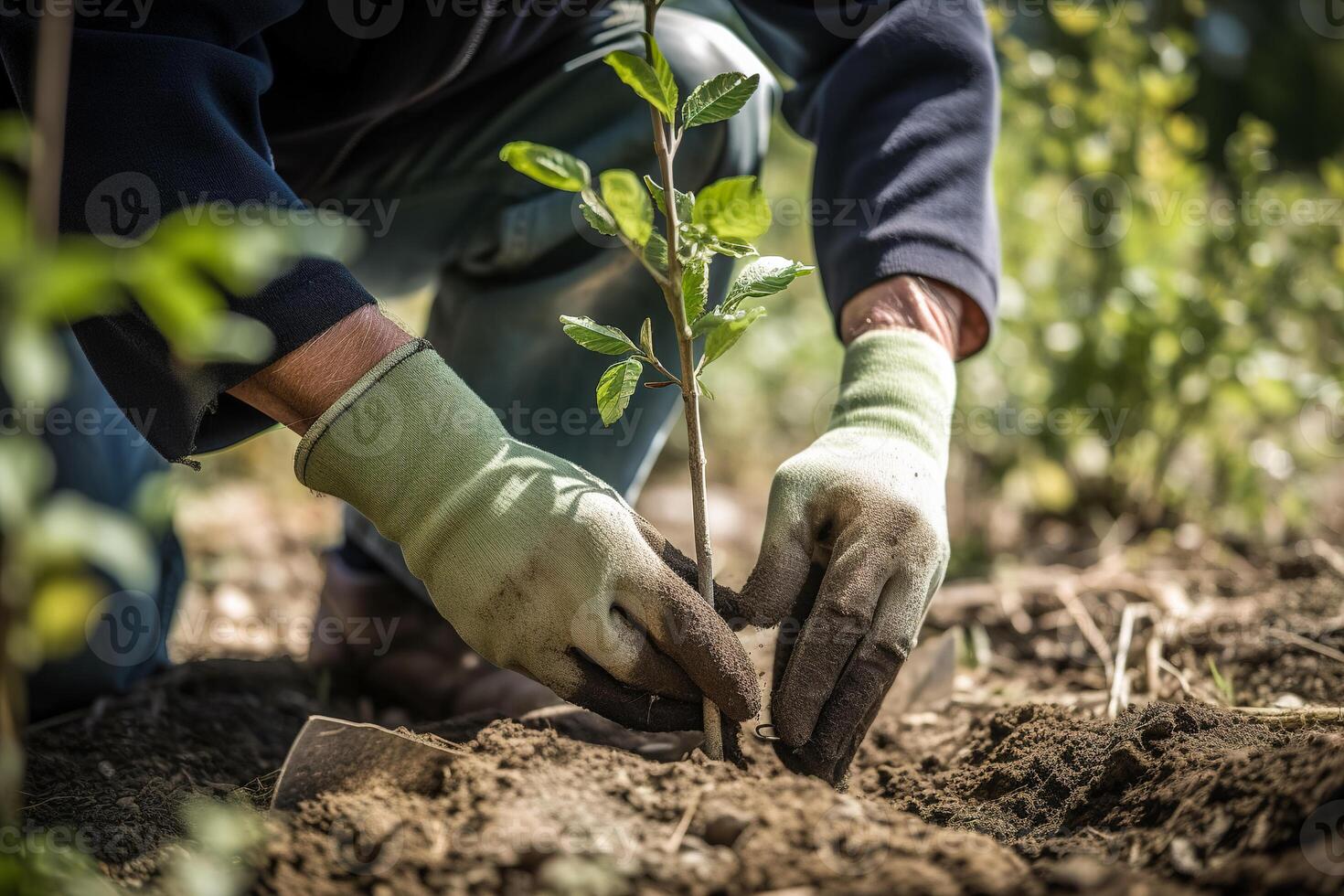 A gardener in gloves plants young tree seedlings into the ground. The concept of spring and the beginning of work in the garden. photo