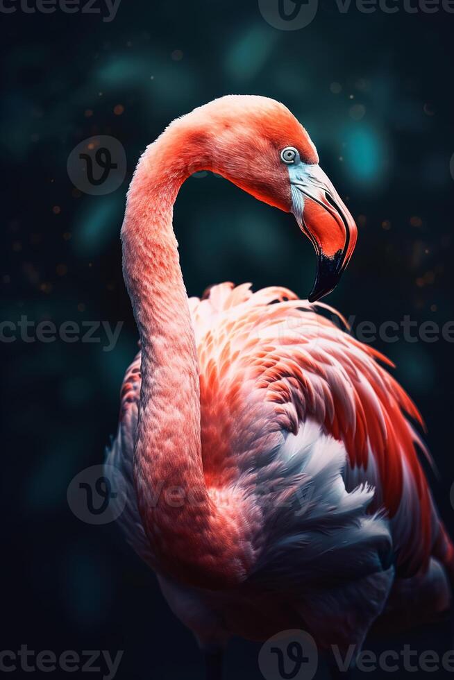 A beautiful exotic bird, a long-necked pink flamingo standing proudly in the water against a dark background with a leaf pattern. photo