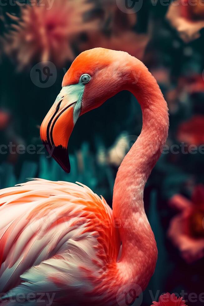 un hermosa exótico pájaro, un de cuello largo rosado flamenco en pie con orgullo en el agua en contra un oscuro antecedentes con un hoja modelo. ai generado foto