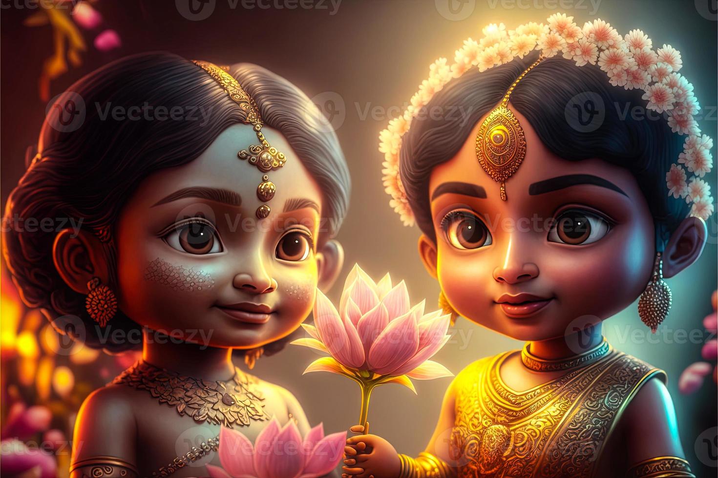 God Laxmi and sarswati two sisters concept with Lotus big hairs colorful photo