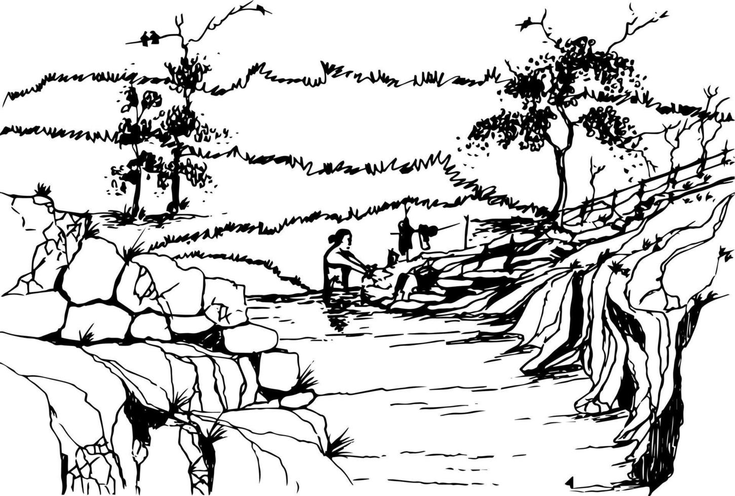 Hand drawn vector nature illustration sketch with woman laundry her shirt in the river