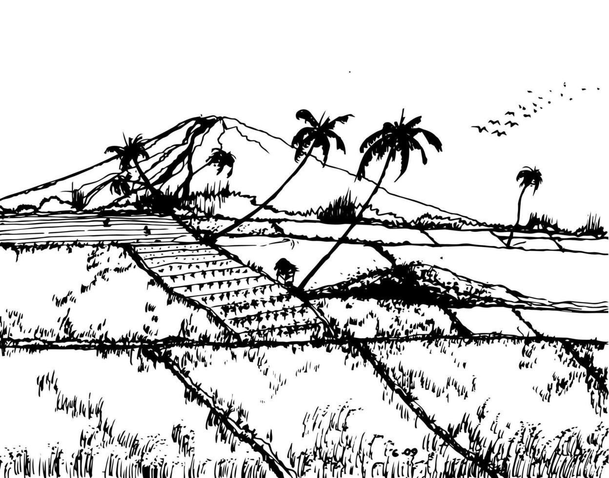 Hand drawn vector nature illustration sketch, with fishing man on main view