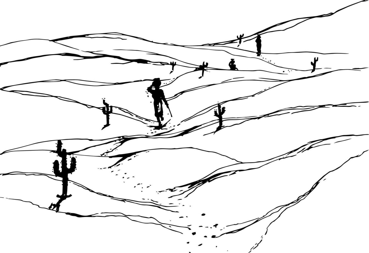 Hand drawn vector nature illustration with sketch with a man walking on the desert.