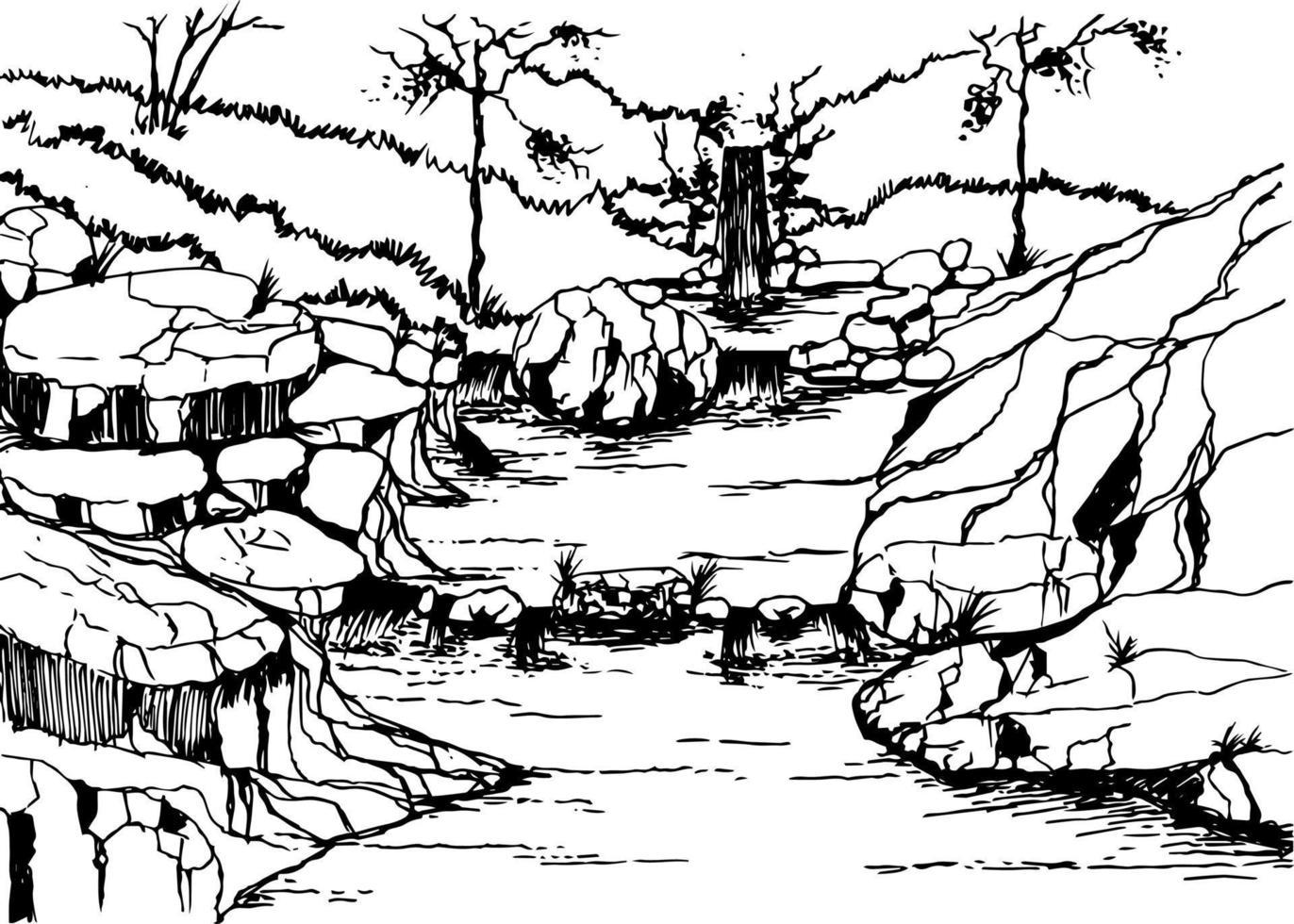 Sketch art of waterfall. Hand drawn vector nature illustration.