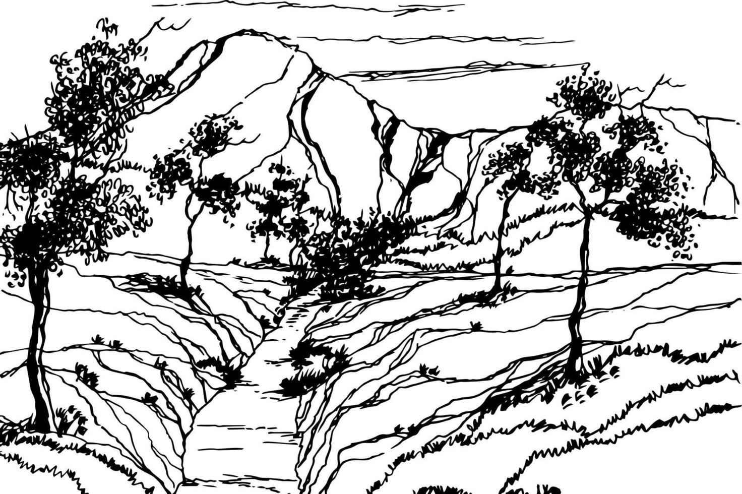 Hand drawn vector nature illustration with a mountain and river on main view