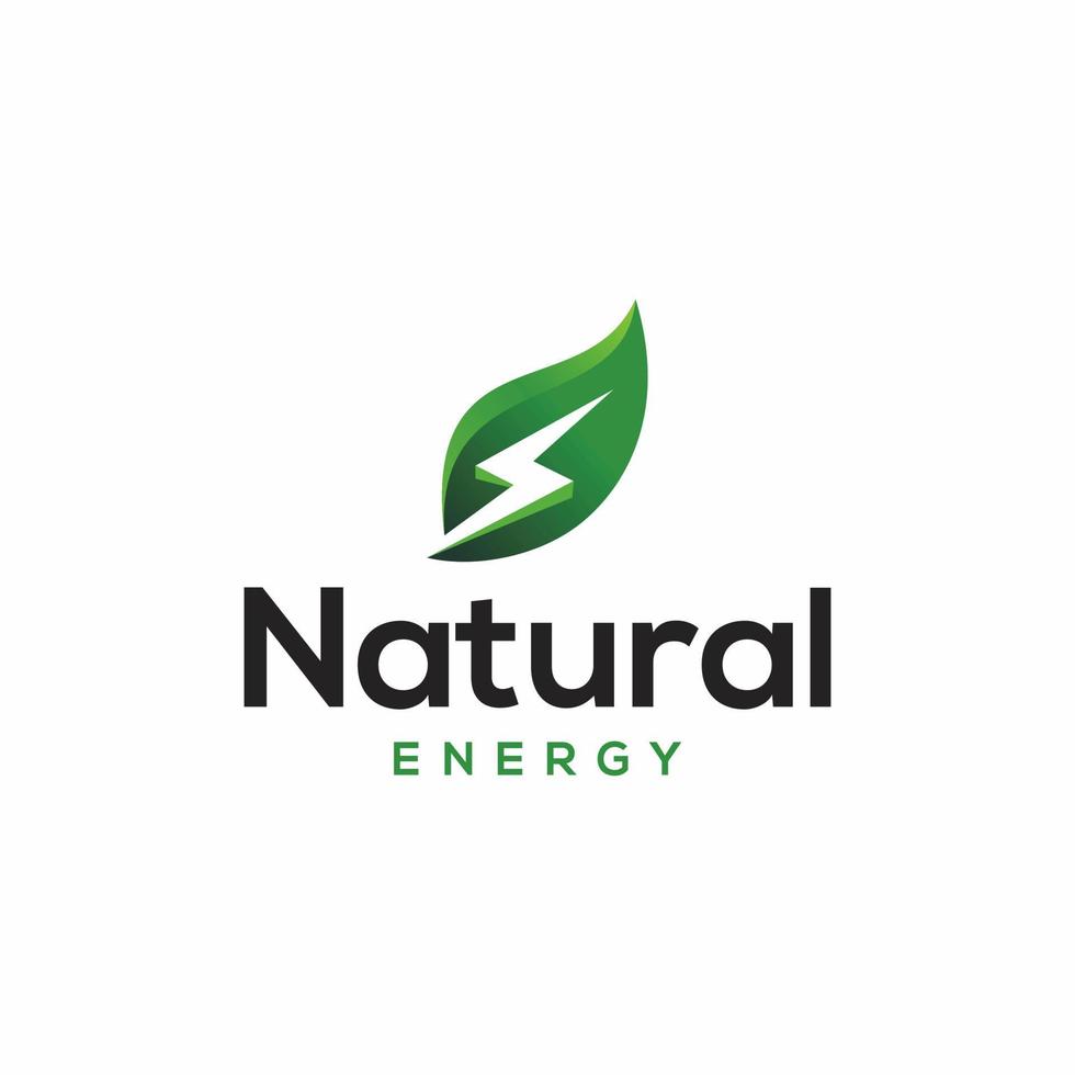 natural energy green leaf symbol with thunderbolt icon. eco energy logo vector icon illustration, natural power logo with leaf and a lightning symbol