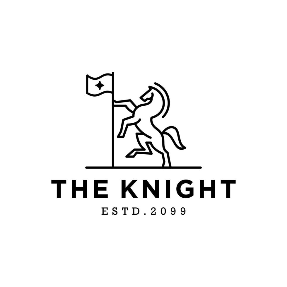 knight horse logo concept, standing stallion horse pegasus unicorn with flag logo design in line lineart linear outline style vector monoline