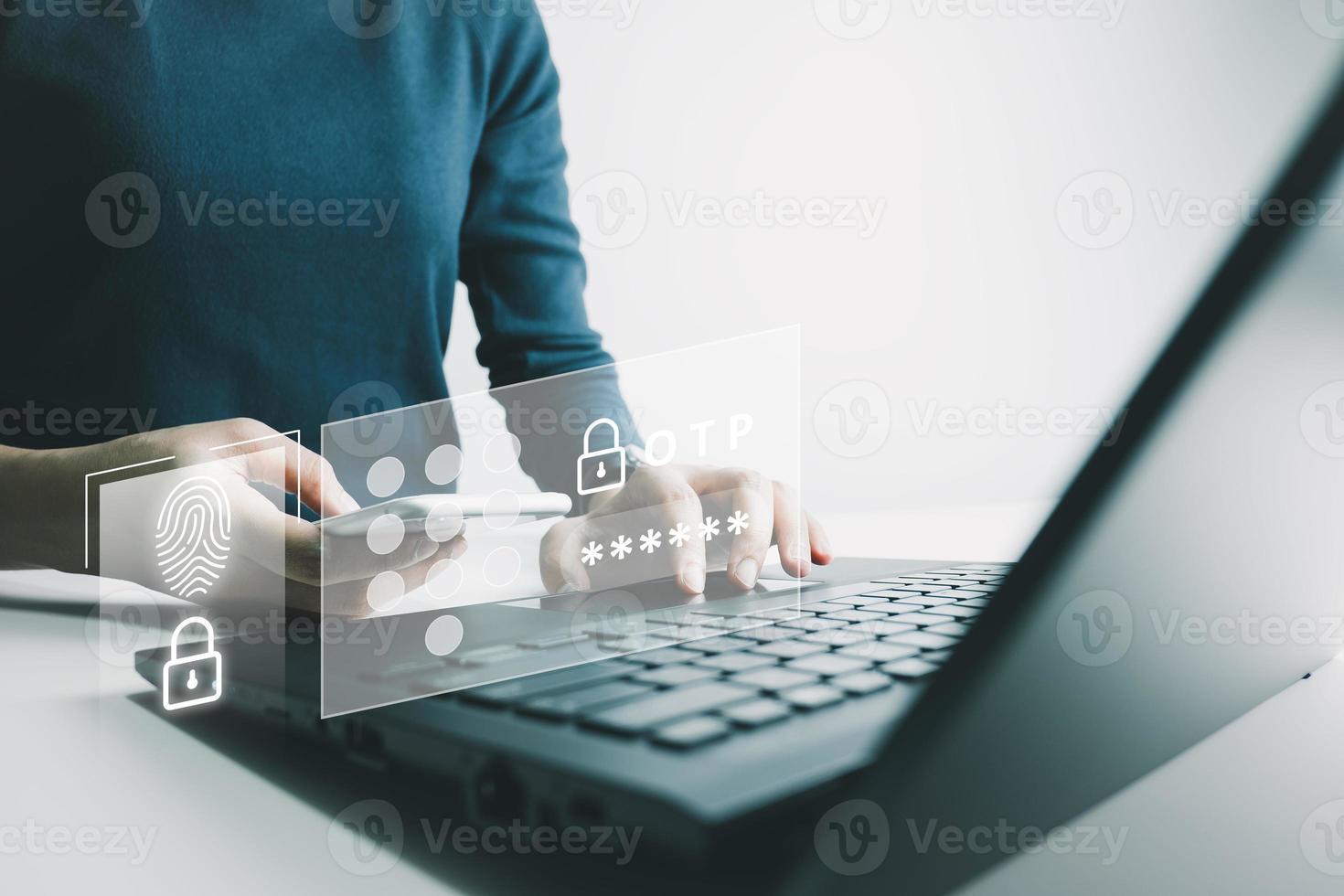Verification of information with finger print by smart phone, Internet security, online financial transaction, 2-step verification, confirm transaction and identity. photo