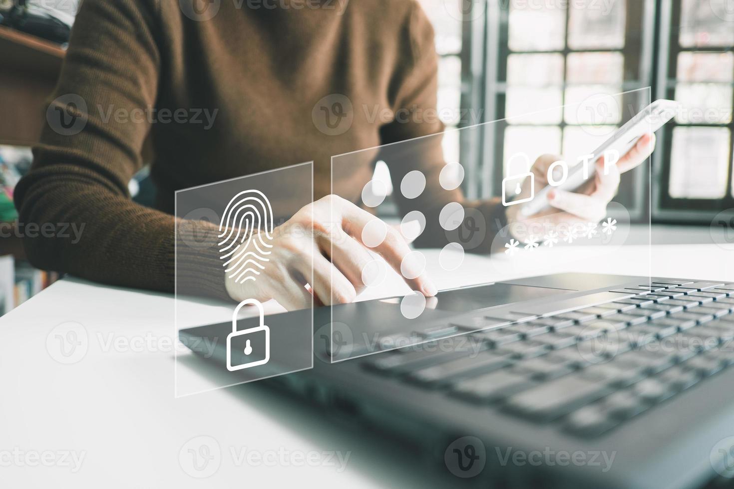 Verification of information with finger print by smart phone, Internet security, online financial transaction, 2-step verification, confirm transaction and identity. photo