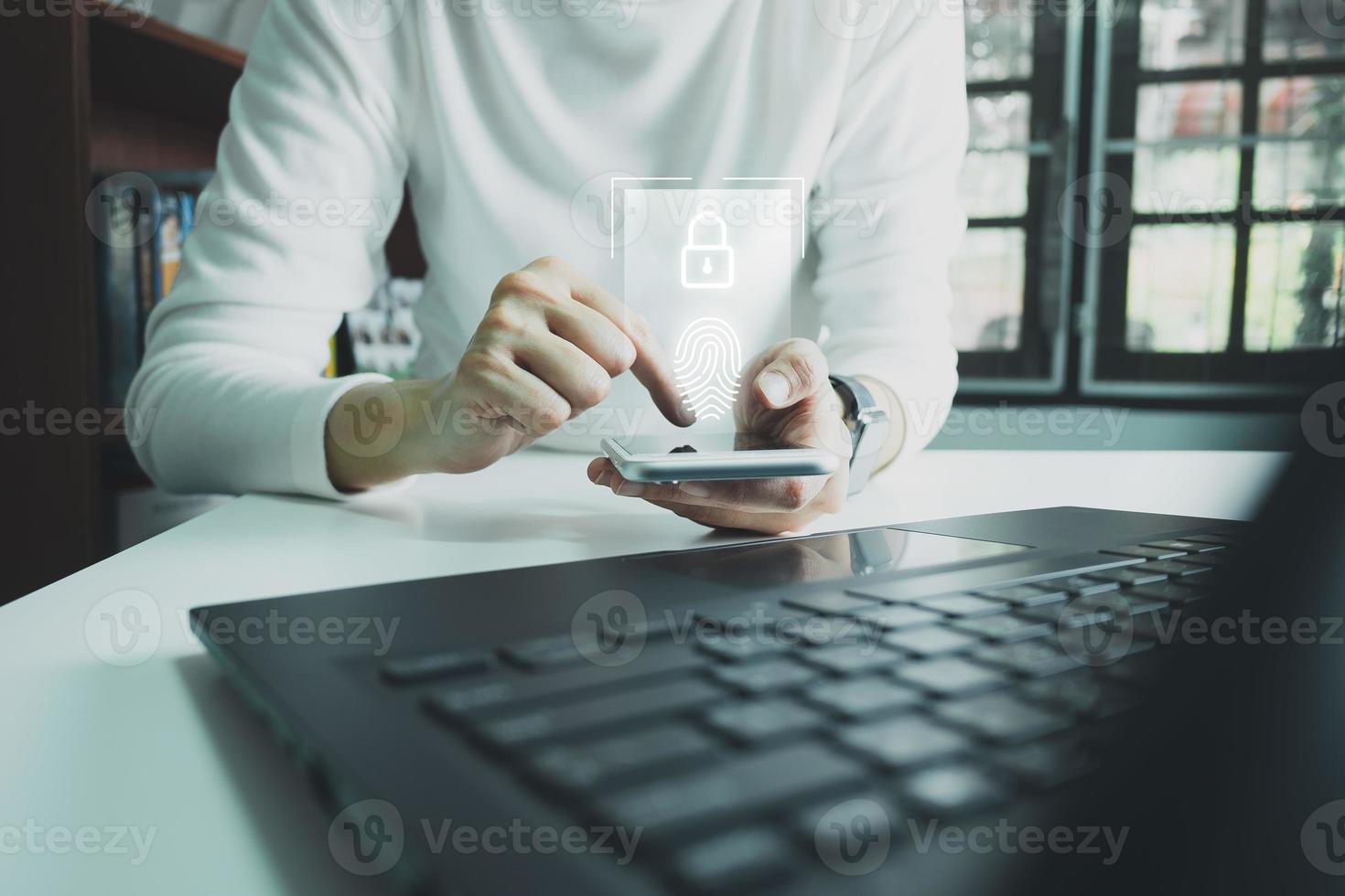 Verification of information with finger print by smart phone, Internet security, online financial transaction, 2-step verification, confirm transaction and identity. photo