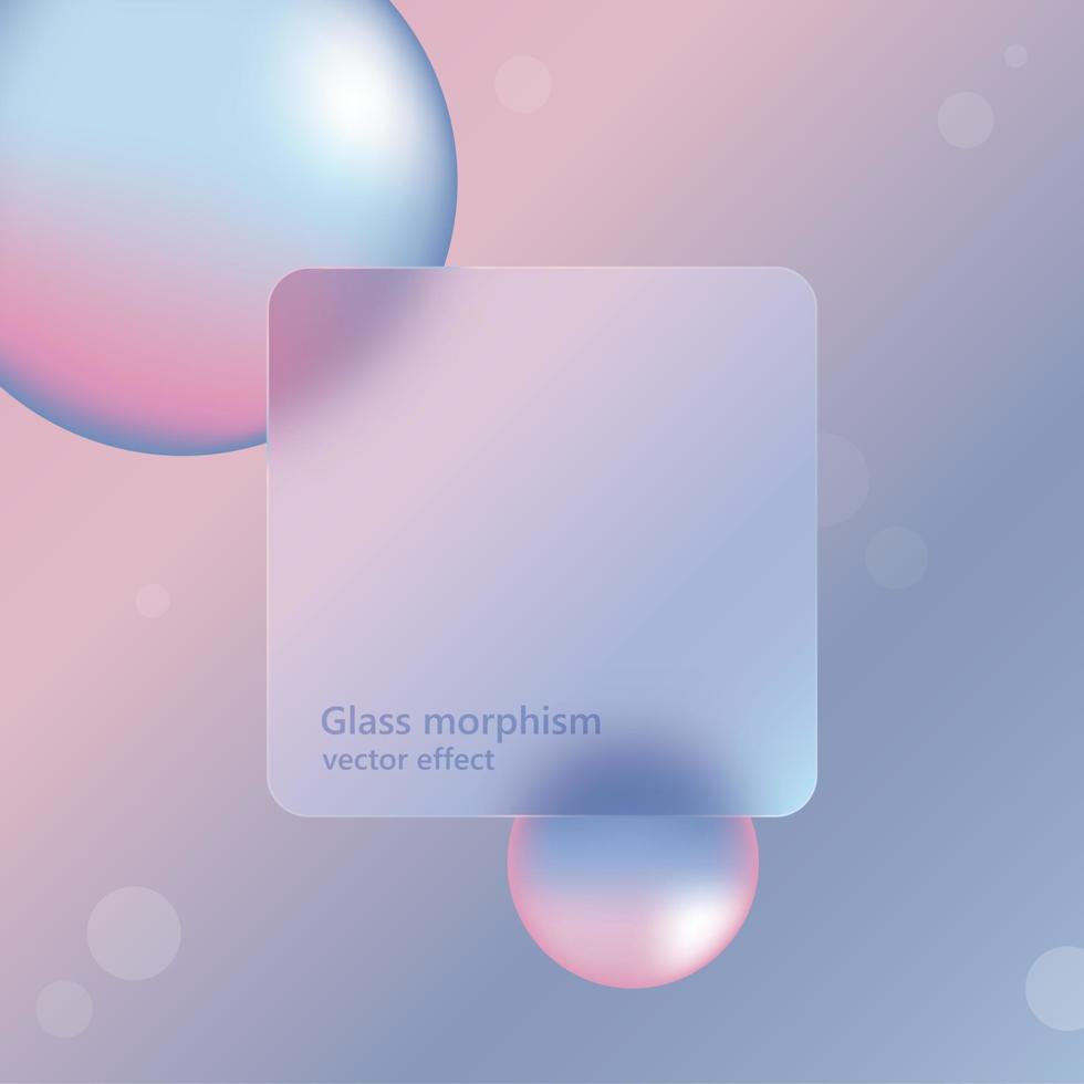 Transparent frame in glass morphism or glassmorphism style. Abstract shapes on background. Liquid effect. Transparent and blurred card or frame. Glass-morphism style. Futuristic gradient. vector
