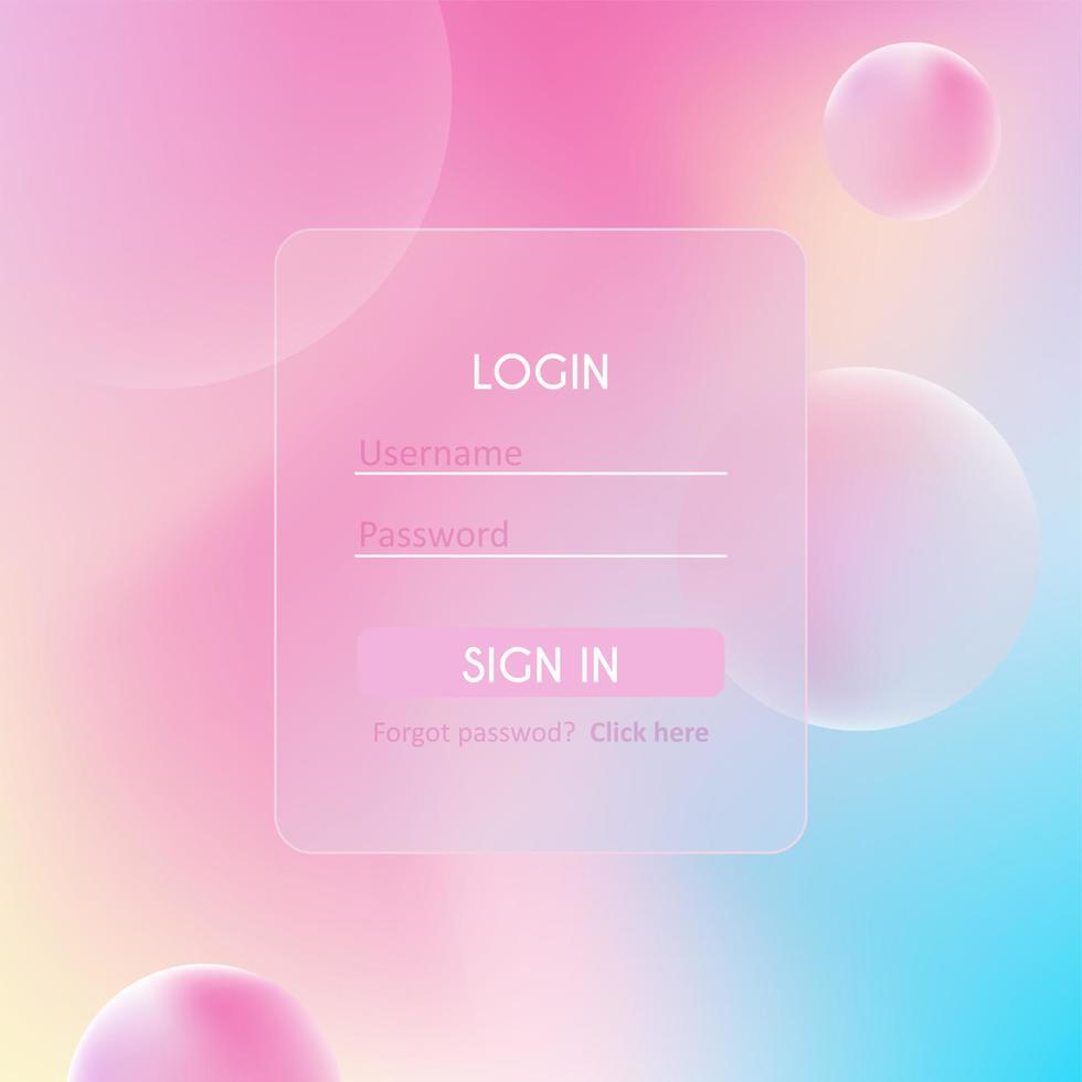 Glassmorphism vector concept. Glass effect login page. Mobile app login and signup UI concept. vector