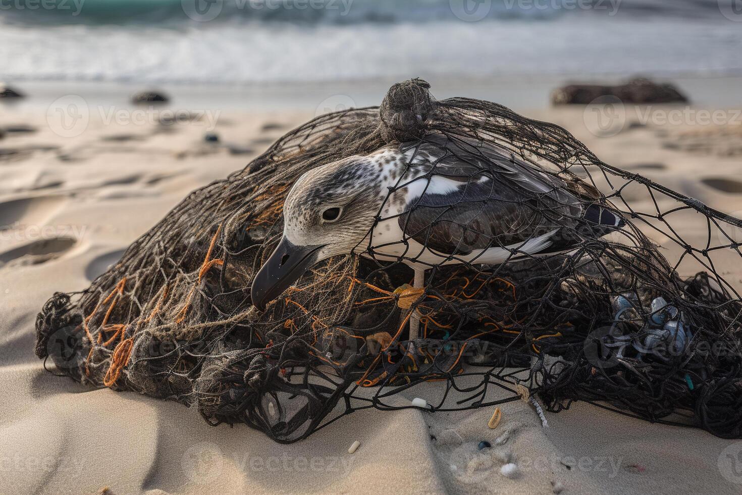 Bird, seagull trapped in plastic garbage lying on the beach. The concept of an ecological disaster caused by plastic garbage. photo