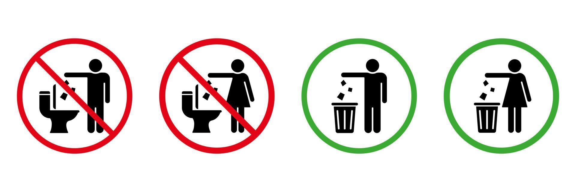 Keep Clean Toilet Silhouette Icon Set. Allowed Throw Rubbish, Waste, Garbage Only in Bin Sign. Do Not Throw Trash in Toilet Solid Symbol Collection on White Background. Isolated Vector Illustration.