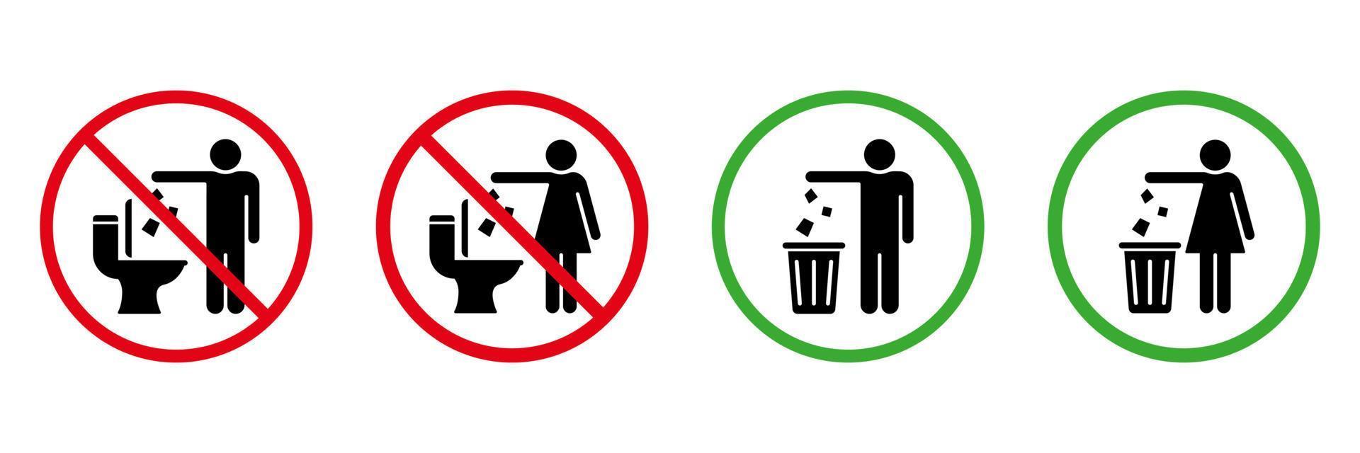 mantener limpiar baño silueta icono colocar. permitido lanzar basura, desperdiciar, basura solamente en compartimiento signo. hacer no lanzar basura en baño sólido símbolo colección en blanco antecedentes. aislado vector ilustración.