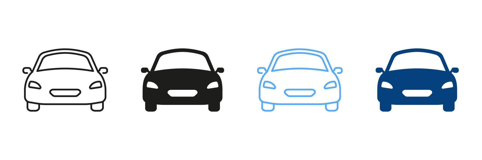 Car Line and Silhouette Color Icon Set. Automobile Sign. Classic Automotive Pictogram. Auto Vehicle Transport Outline and Solid Symbol Collection on White Background. Isolated Vector Illustration.