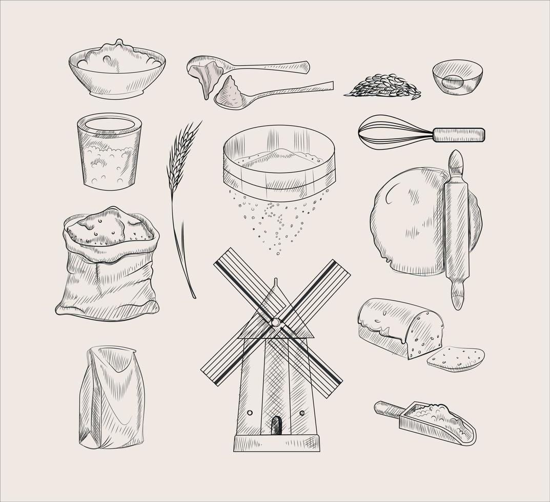 Hand drawn sketch set of wheat and flour vector illustration  Wheat and flour production making