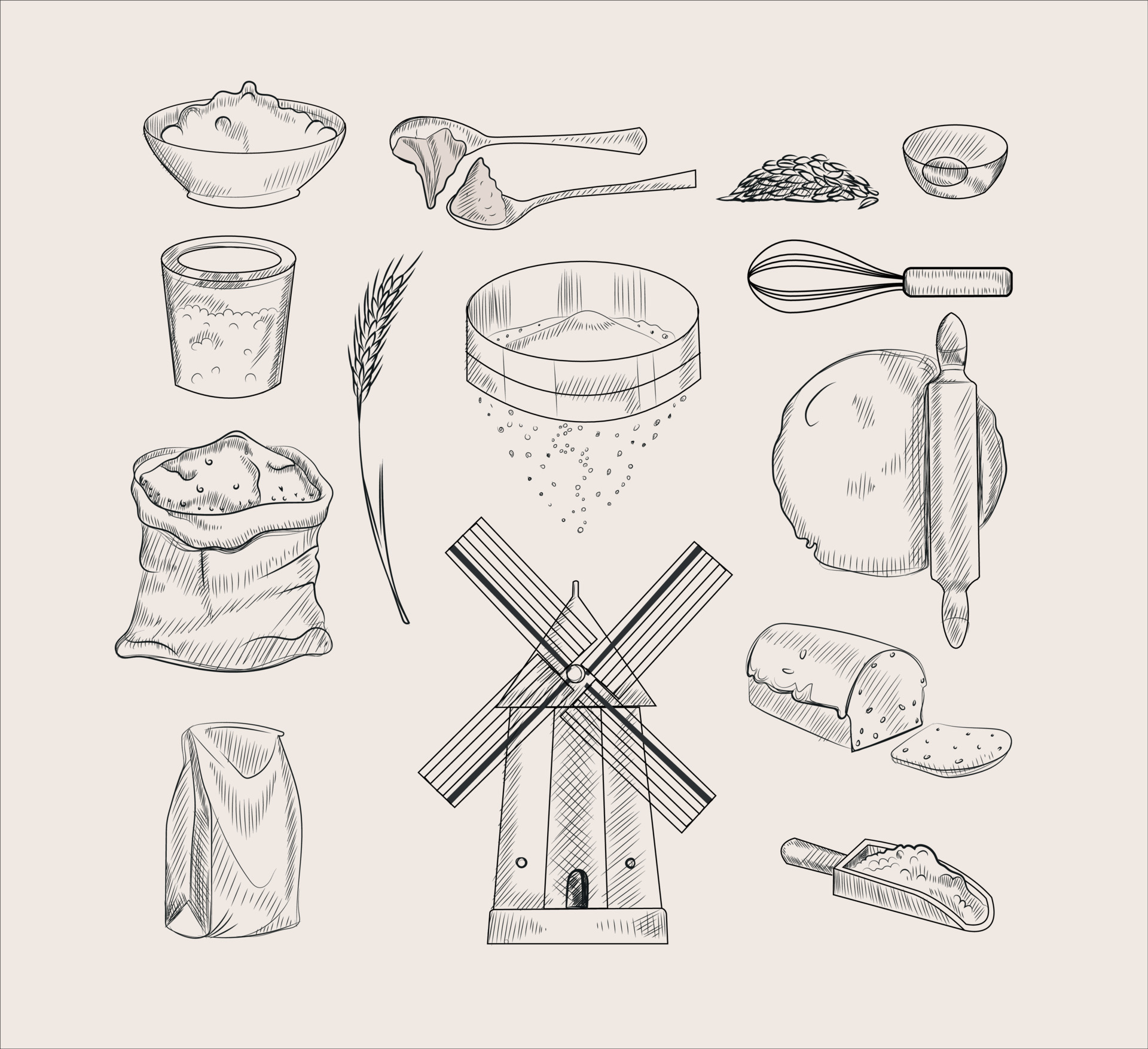 Hand drawn sketch set of wheat and flour vector illustration Wheat and