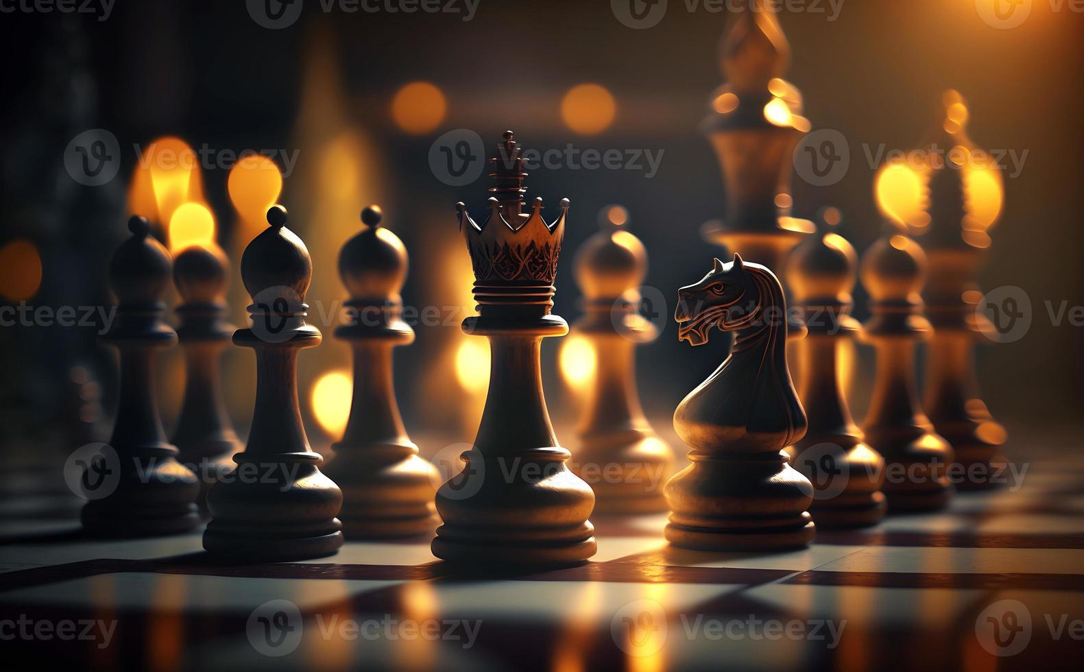 Set of chess pieces element stating on chessboard. Leadership, teamwork, partnership, business strategy Concept. photo