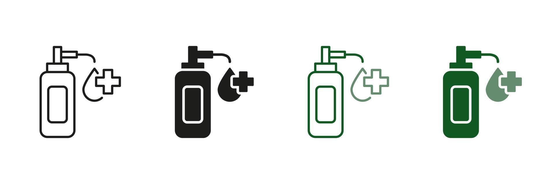 Sanitizer Gel or Antiseptic Liquid to Kill Bacteria Virus. Hand Sanitizer Bottle Symbol Collection. Alcohol Disinfection Bottle with Pump Line and Silhouette Icon Set. Isolated Vector illustration.