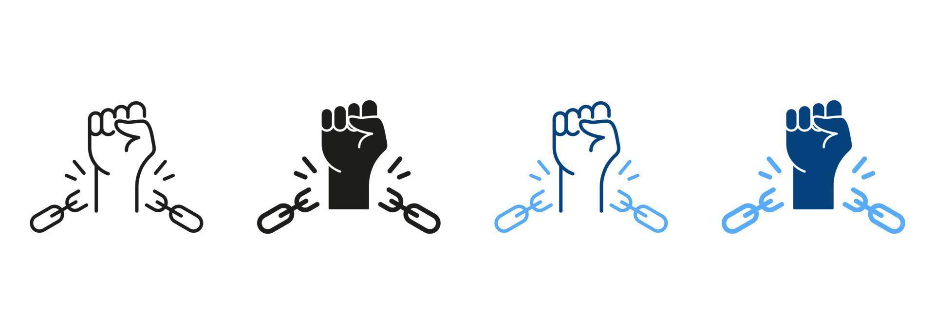Freedom and Human Rights Silhouette and Line Icon Set. Broken Shackles with Fist Raised Up Sign. Chain of Slavery Damaged Symbol. National Freedom Day Juneteenth. Isolated Vector Illustration.