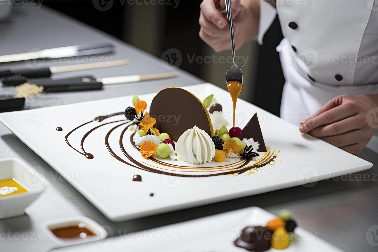 Chef decorating an avant-garde plate. photo