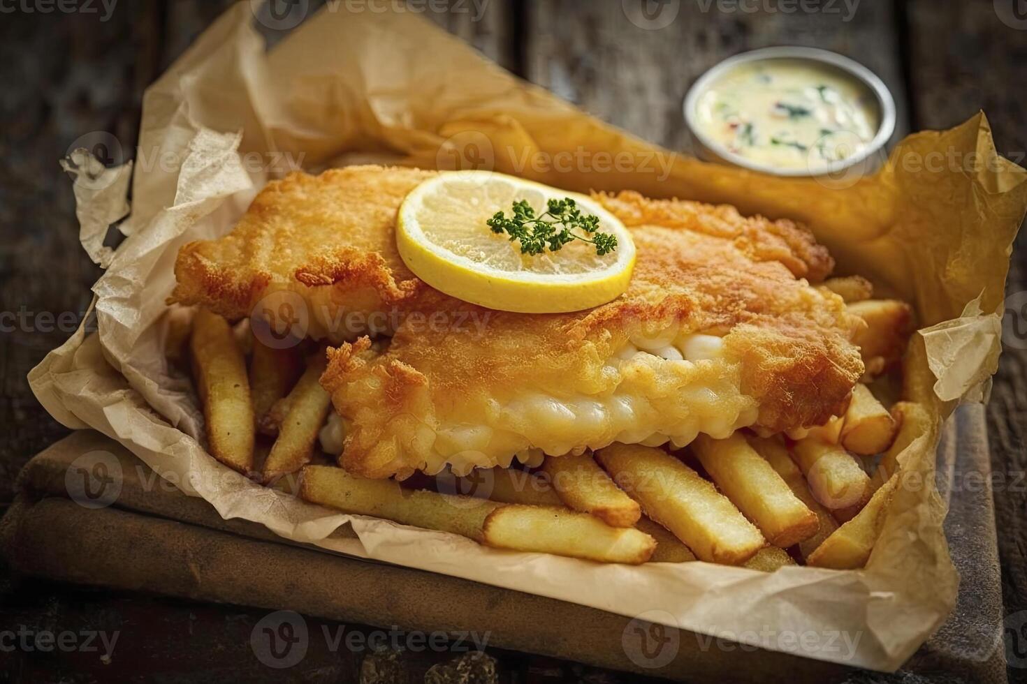 close-up of chips and fish. photo