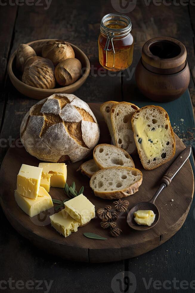 surtido de pan, queso, mantequilla y miel para desayuno, en rústico mesa. generativo ai foto