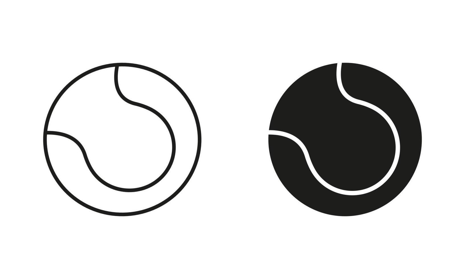 Tennis Round Ball Black Silhouette and Line Icon Set. Ball for Sports Game Solid and Outline Symbol Collection on White Background. Isolated Vector Illustration.