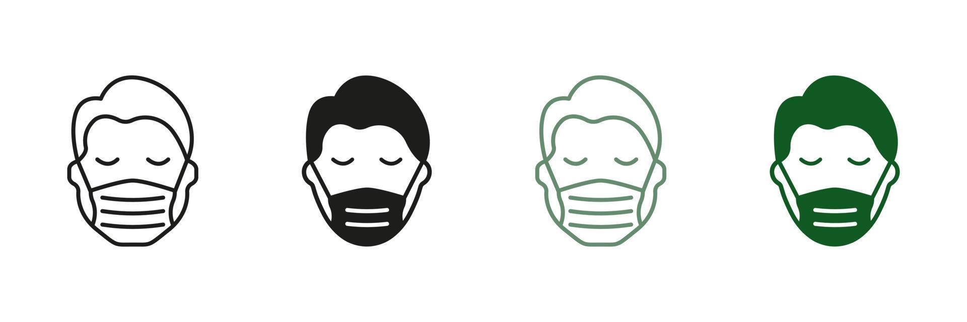 Medical Face Protection Mask Cover Mouth and Nose of Human Symbol Collection. Man in Face Mask Line and Silhouette Icon Set. Wear Respirator Against Virus, Dust, Allergy. Isolated Vector illustration.