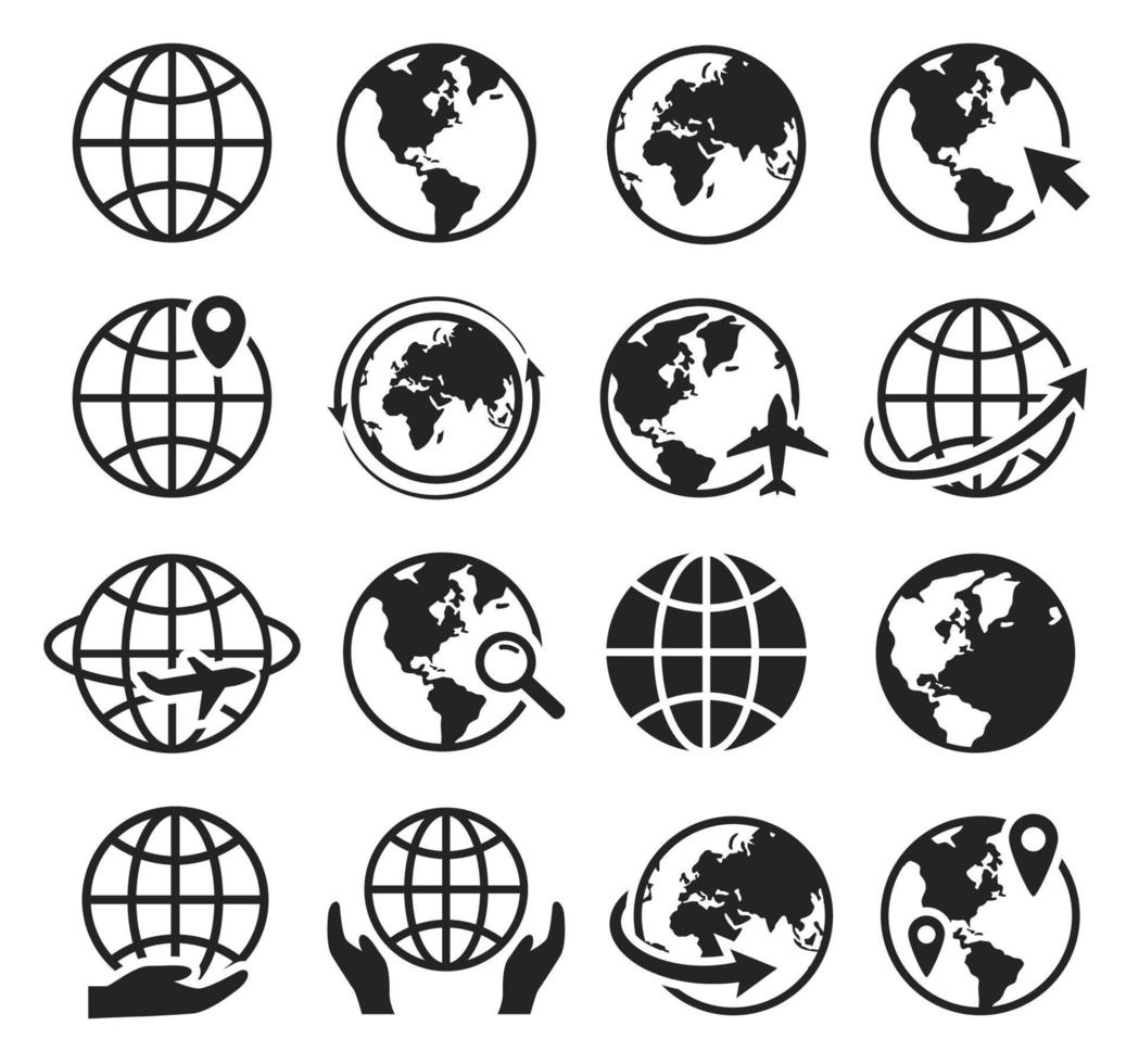 globo iconos Internet web icono con globo, cursor, flecha. global avión viajar, mundo mapa. internacional comunicación negro silueta vector conjunto