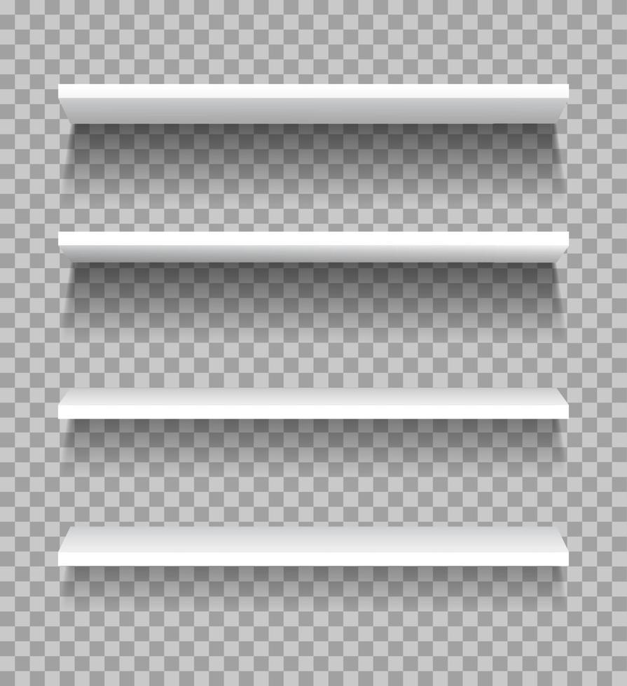 White shelves. Empty showcase display, product shelving for exhibitions. Realistic bookshelf rack, supermarket store shelf vector mockup