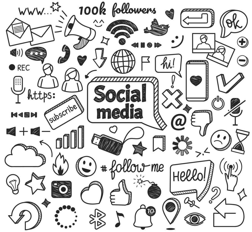 Social media doodles. Hand drawn internet and network sketch symbols. Digital marketing, blogging, online communication doodle sign vector set