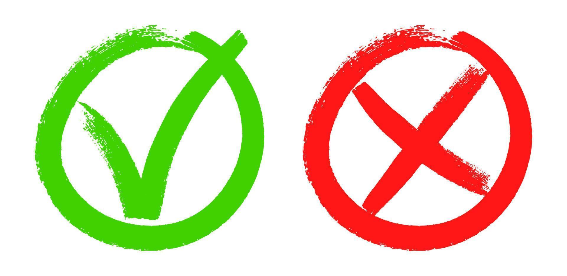 Doodle checkmarks. Grunge brush stroke tick and cross signs. Green v mark, red x sign. Yes or no checklist marks in circles vector set