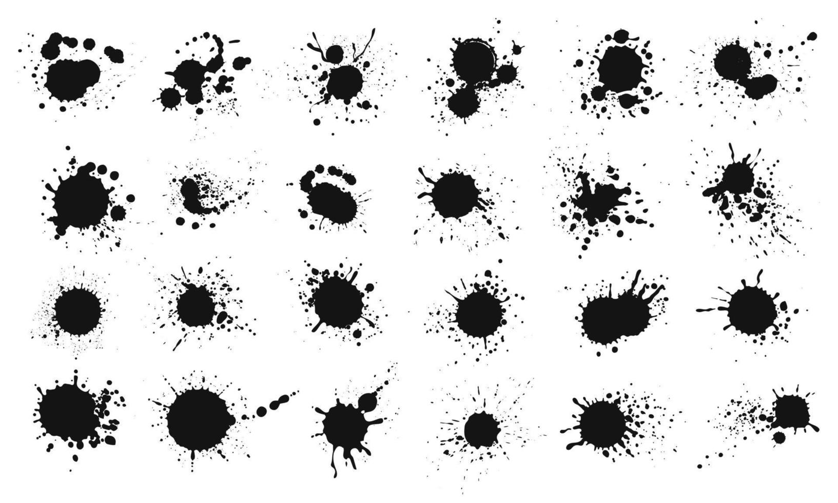 Ink splatter. Grunge liquid paint splashes and stains. Black ink blots, stains, blobs, drops. Abstract messy spatter texture vector set