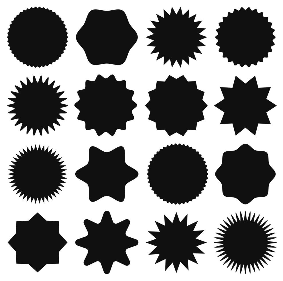 Black star stickers. Star shape price tag, advertising starburst label, sale badges. Blank promo sunburst sticker vector template set