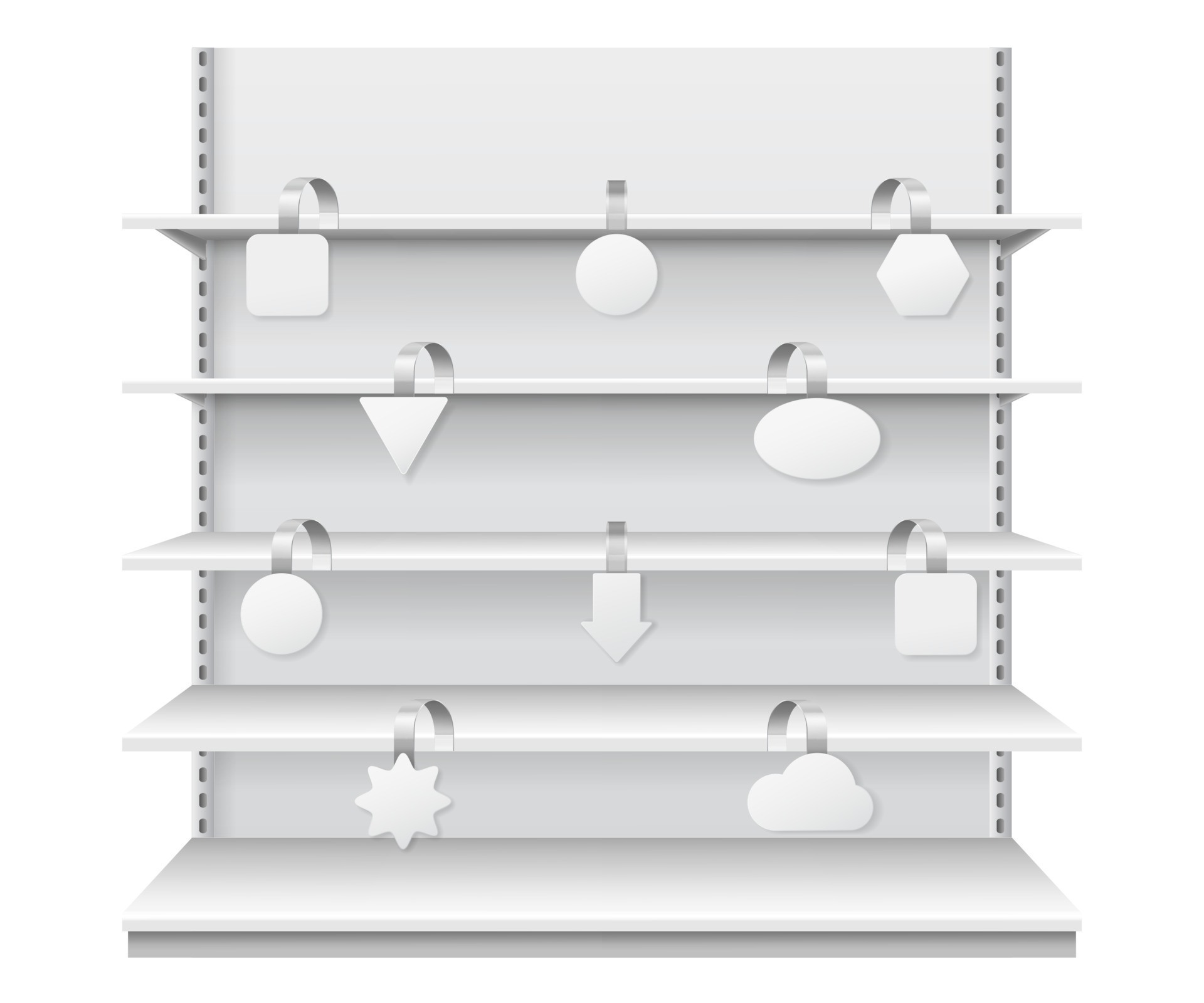 Wobblers on shelves. Retail sale danglers hanging on supermarket shelf