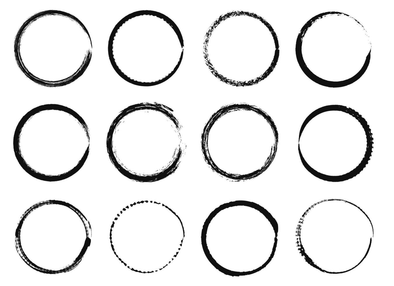 Grunge circle frames. Black ink brush round shapes, circular distress textured borders. Hand drawn grungy paint stroke circles vector set