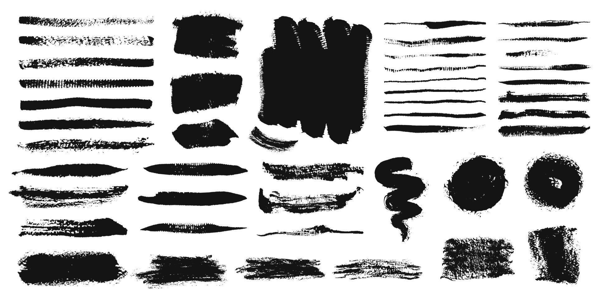 Brush strokes. Grunge paint stroke, ink lines, chalk texture. Black paintbrush frames. Rough brushstroke painting element vector set